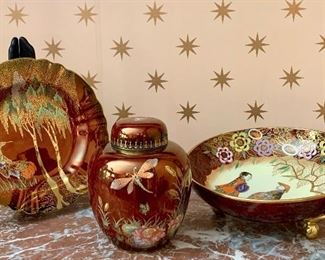 Item 310:  Carlton Ware Royale Rouge, New Stork Plate, ($100) Bullrushes with Dragonfly GingerJar ($100) and Footed Bowl with 2 Figures - 9.75" x 3": ($100)