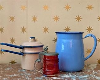 Item 308:  Lot of three items: enamel double boiler, blue enamel pitcher and cute little dark pink tankard. $45.00      Pitcher - 6.5"