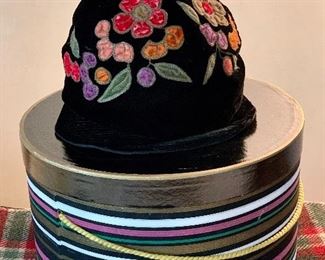 Item 463:  Bonnie Celeste (Paris, New York) vintage velvet hat with flower appliques and vintage hat box:  $100
