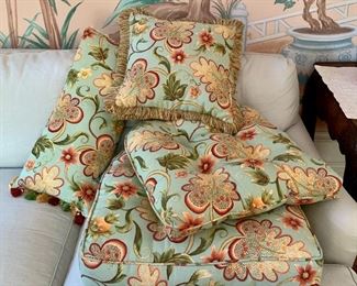 Item 322:  Pier 1 pillows -                                                                                Large cushion - 22.5"l x 4"w x 21.5"h                                                       Small cushion - 19.75" x 2.75"w x 20"h                                                          Pillow with tassels - 23.5" x 11"                                                            Pillow with fringe - 15.5" x 15.5"