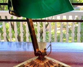Item 325:  The 8734 Emeralite Series Bankers Lamp by H.G. McFadden and Co., NY: 1916-1930's desk lamp with emerald green glass shade and brass base: $300