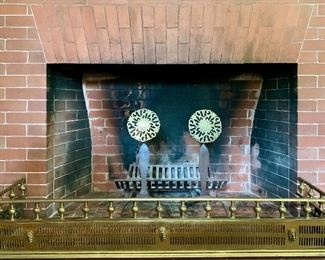 Item 334:  Vintage Pair of Virginia Metal Crafters Andirons - 18" x 22": $450                                                                                              Item 323:  Pierced Brass Antique Fireplace Fender: $325 (SOLD)