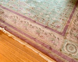 Item 388:  Pretty 12 x 15 (180" x 144") Rug in sage and pink with medallion:  $950