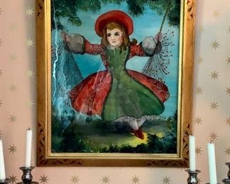 Item 396:  Reverse painting on glass, girl on swing - 22.75 x 28.5":  $225