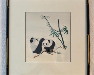 Item 165:  Panda Bear Silk Embroidery in gold and black frame - 14.5" x 15.5":  $35