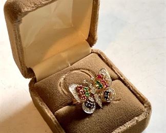 Item 596:  18K butterfly ring with diamonds, rubies, sapphires, and emeralds: $675