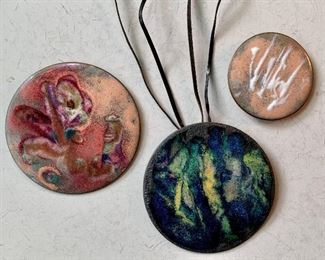 Item 621:  (3) Enamel on copper mid-century pendants/pins by artist Leonore Salzman: $75