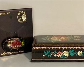 Item 623:  Russian lacquer floral pin and trinket box:  $35