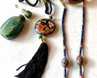 Item 624:  Snuff bottle, bracelet and two necklaces:  $38