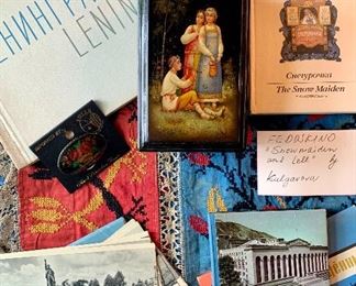 Lot of Russian Items - Painted lacquer box (The Snow Maiden), lacquered pin, books and ephemera: $45