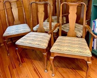 Item 633:  (6) Upholstered chairs, sturdy and well upholstered :  $800                                                                              (2) Armchair - 24"l x 17.5"w x 40"h                                                                 (4) Chair - 21"l x 17.5"w x 40"h