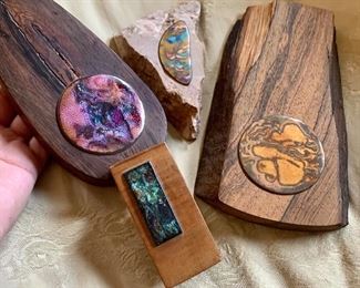 Item 635:  Leonora Salzman enamel on wood & rock:                                 Largest - 8"                                                                                                                 Smallest - 6" (on rock): Large - $85 each Small - $45 ea