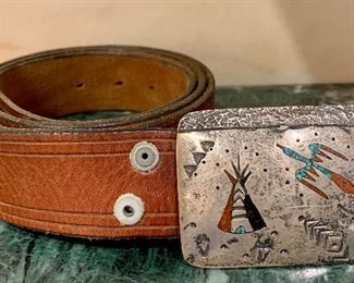 Vintage Leather Belt with Silver Buckle, Turquoise Inlay: $35