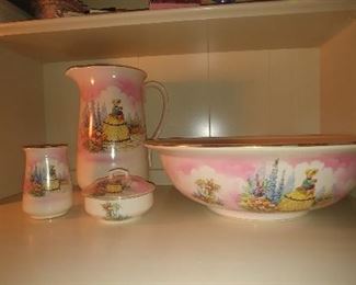 Antique bowl, pitcher, cup & dish with cover