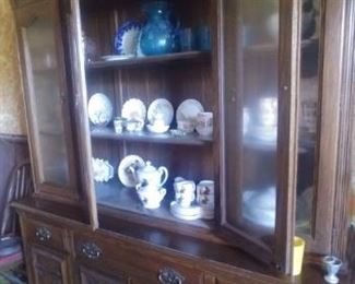 Ethan Allen China Hutch with depression glass and other fine china