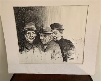 Sketch titled "Three Waiting" Signed by Joe Patrick