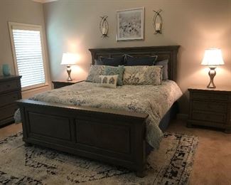 King Size bed with matching night stands, dresser, and chest of drawers.