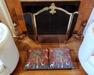 Brass fire screen and andirons, tapestry foot stools