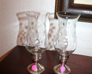 Sterling silver candlesticks with glass hurricane shades