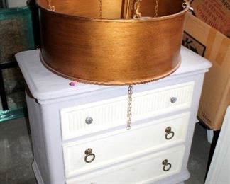 Large gold light fixture, gray / white painted 3-drawer chest