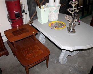 Mid-century modern end table, large gray painted coffee table