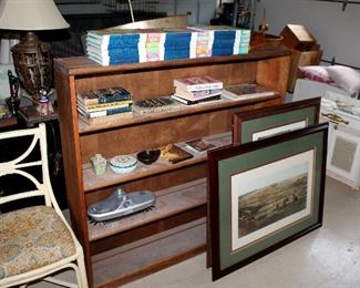 Bookcase, books, framed prints
