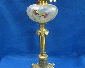 Art Nouveau Enamel Painted Font and Brass Oil Lamp