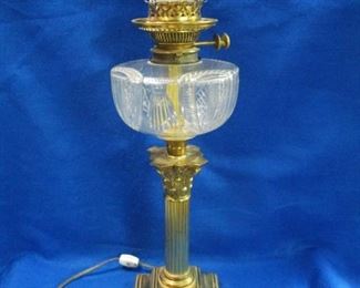 Old English Cut Glass Font & Brass Oil Lamp Electrified