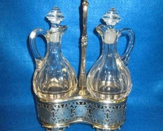 English Victorian Silverplate Holder w/ 2 Cruets has Diamond Registry Mark 1862