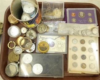 VARIOUS POCKET WATCHES, COINS 