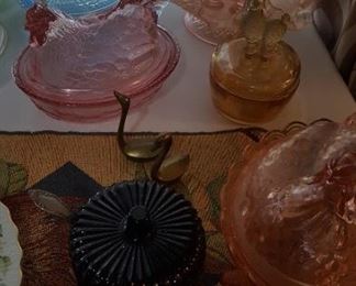 Hen on Nest dishes & pink glass epergne