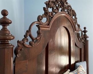 Beautiful carved Mahogany. Queen size mattress. This headboard is about 7 feet tall!