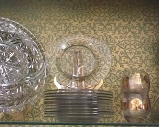 Beautiful clear glass vintage serving pieces.  Also vintage wine decanter with 4 matching brandy glasses.