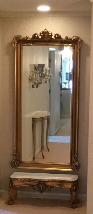 Beautiful Hall oversized mirror with matching Marble Top Bench.