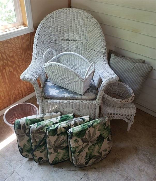 Wicker Rocking Chair, Ottoman, Magazine Rack, Outdoor Cushions and Pillows
