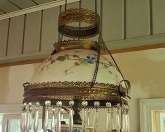 Antique Glass and Brass Chandelier Lamp ~ has been electrified, original burner included ~ Damaged See Pictures