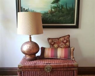 Wicker Trunk, Copper Table Lamp, Accent Pillows and Framed Oil Painting