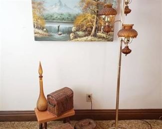 Home Decor, Oil Painting and Vintage Amber Glass Floor Lamp