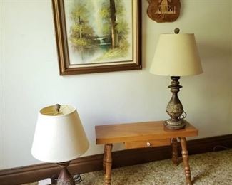 (2) Matching Table Lamps, Bench with Drawer and Oil Painting