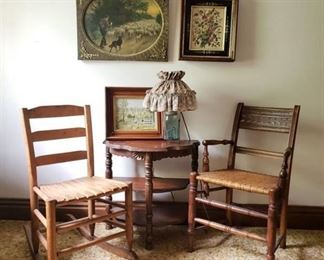 Antique Furniture and Artwork and Ball Jar Lamp
