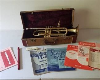 Vintage Holton Collegiate Trumpet (as is) with original case, Sheet Music, Baroque Recorder and 50's Royal Tone Harmonica