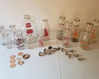 Vintage Milk and Cream Top Bottles with Cream Top Spoons and Milk Bottle Caps