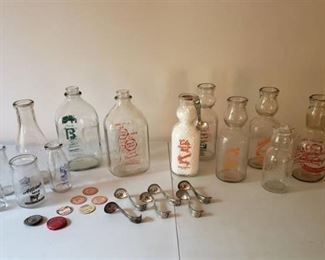 Vintage Milk and Cream Top Bottles with Cream Top Spoons and Milk Bottle Caps
