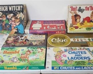 Games ~ Which Witch?, Snoopy and the Red Baron, Don't Spill the Beans, Uncle Wiggily. Clue, Bambi and Chutes and Ladders