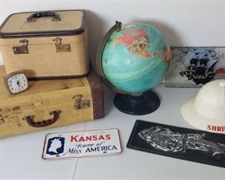 Replogle Three-D Globe, 2 Pcs. Vintage Luggage, Alarm Clock, Safari Hat and Decor