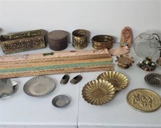 Vintage Items ~ Brass, Yardsticks, Tin, Sad Irons, Candleholders and Fish Bowl
