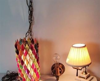 Multicolored Cylinder Swag Light (3 jewels need glued back on), Vintage Brass Sconce Lamp and Marble Table top lamp