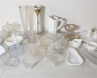 Milk Glass, Pressed Clear Glass, and Ceramic Service Dishes/Vases