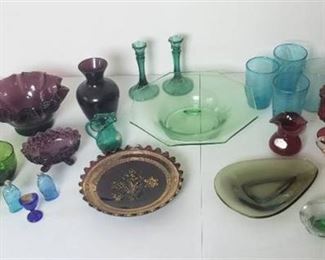 Colored Glasses Dishes, Candlesticks, Vases, Glasses and Botttles