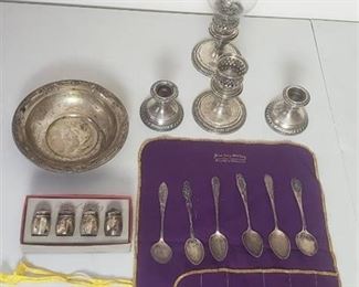 Sterling Silver Candleholders, Bowl, Shakers and Spoons